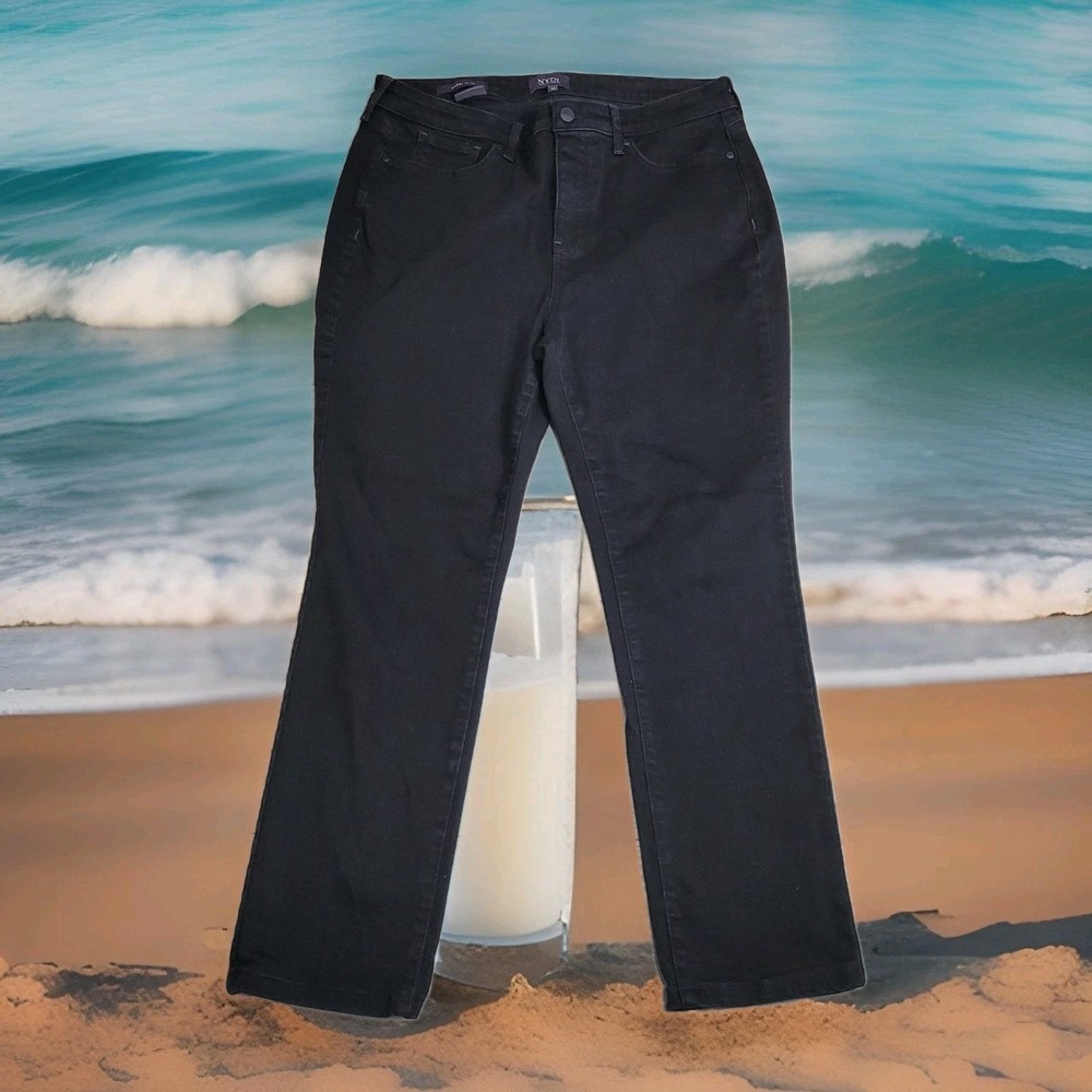 NYDJ Jeans Womens 14 (34x27) Black Sheri Slim Straight Lift Tuck Stretch‎